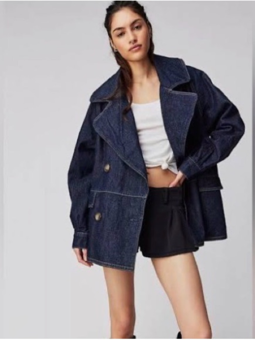 Free People Dark Car Denim Coat Size Medium